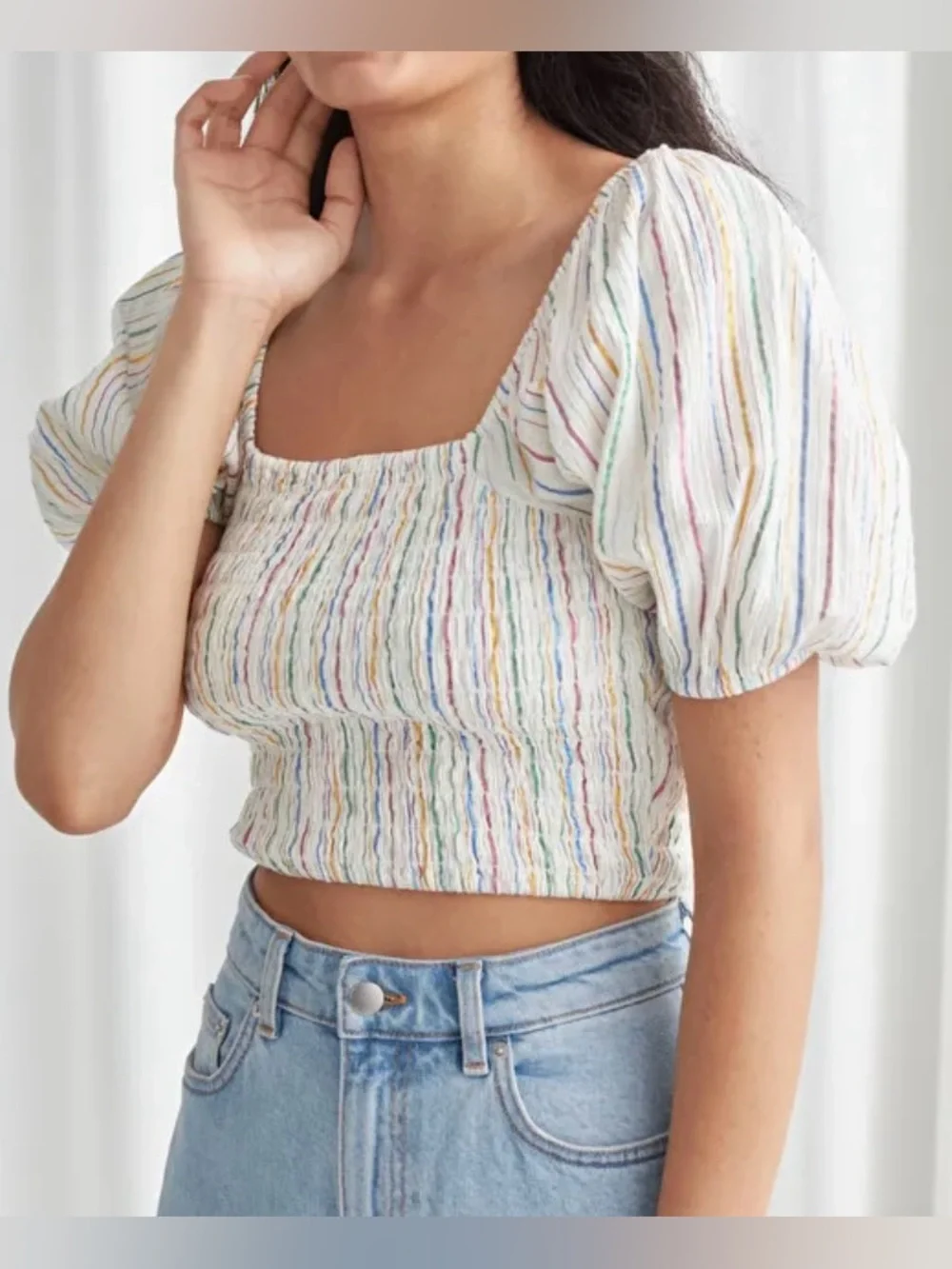 & Other Stories White Multicolor-Striped Smocked Puff Sleeve Blouse - Size 6
